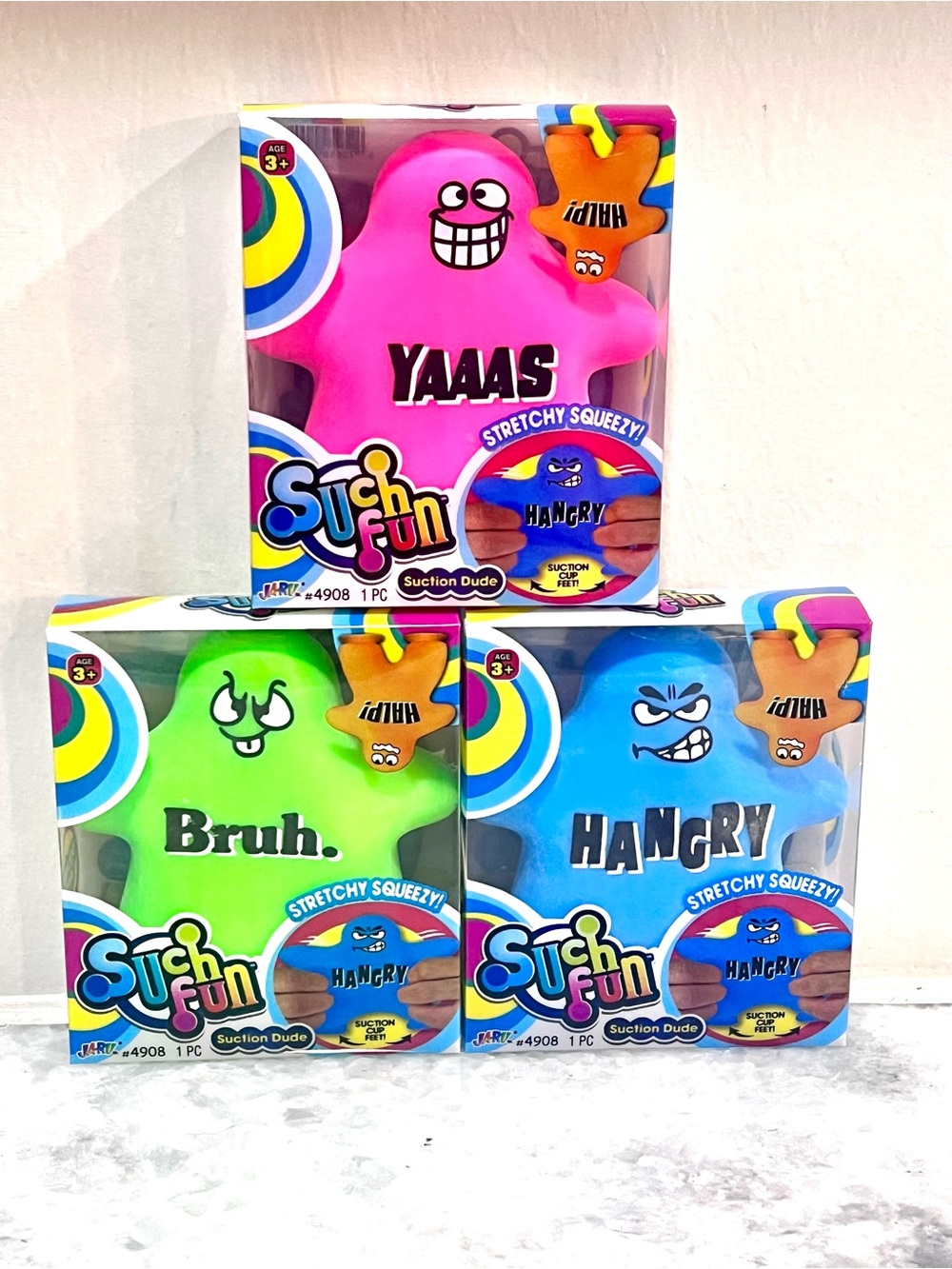Ja-Ru Stretchy Suction Dude Squeeze Toy - Pink, Blue & Green Set of 3!